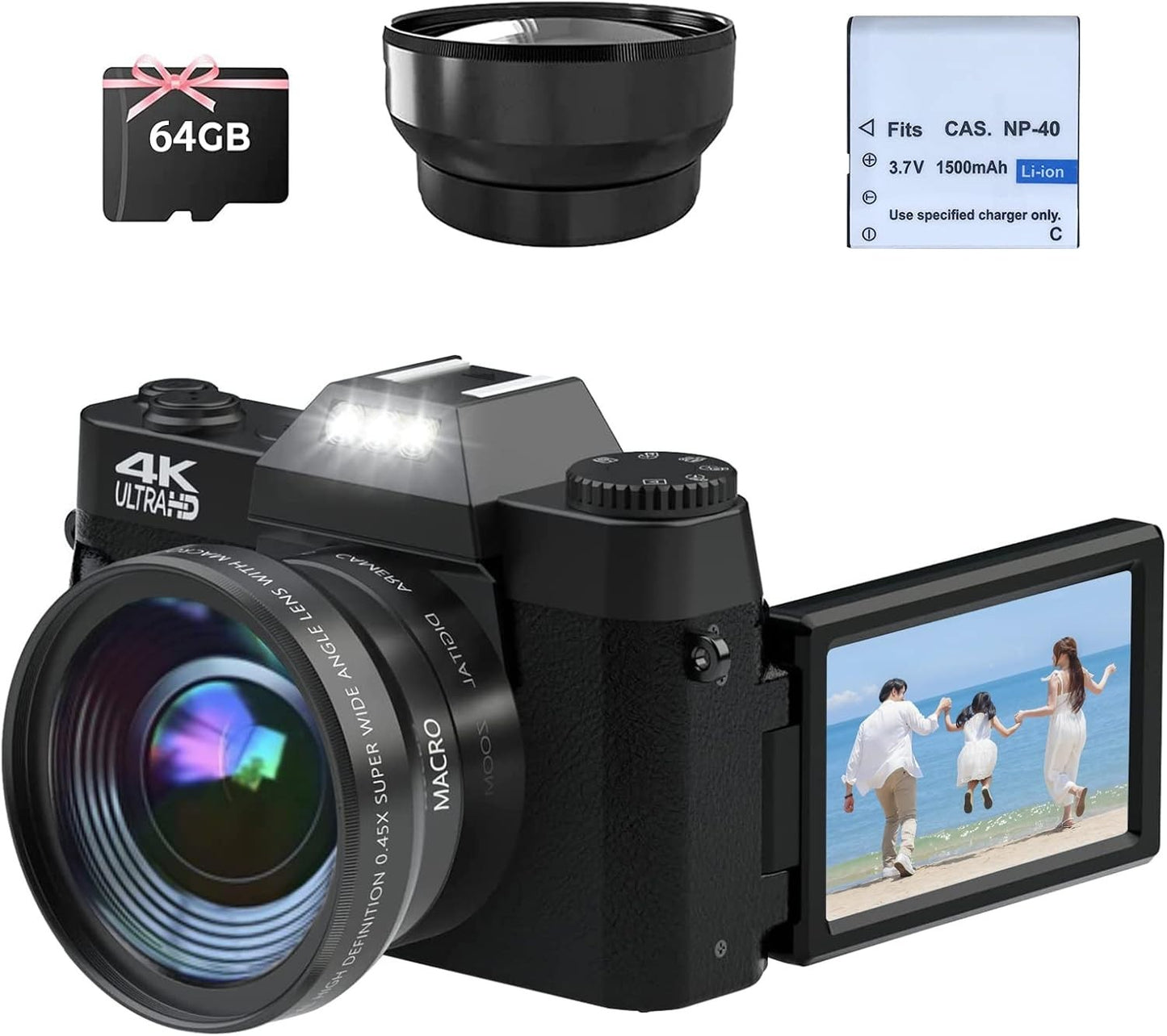 Digitalkamera 4K, CCN 48MP Fotokamera mit 180° Flip 3.0" Bildschirm, W24-AX1901